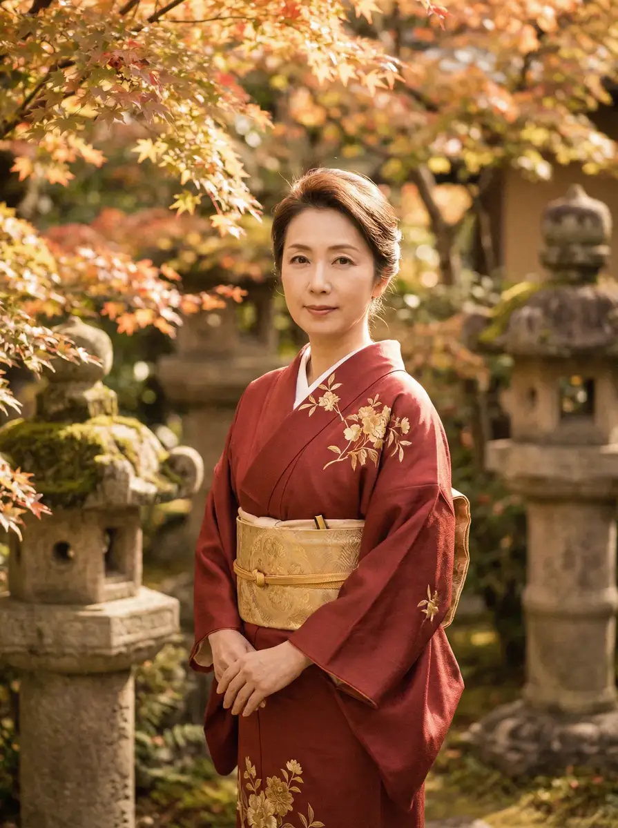 一位身穿暗红色和服的优雅 铸匠演员表 在日式庭院中